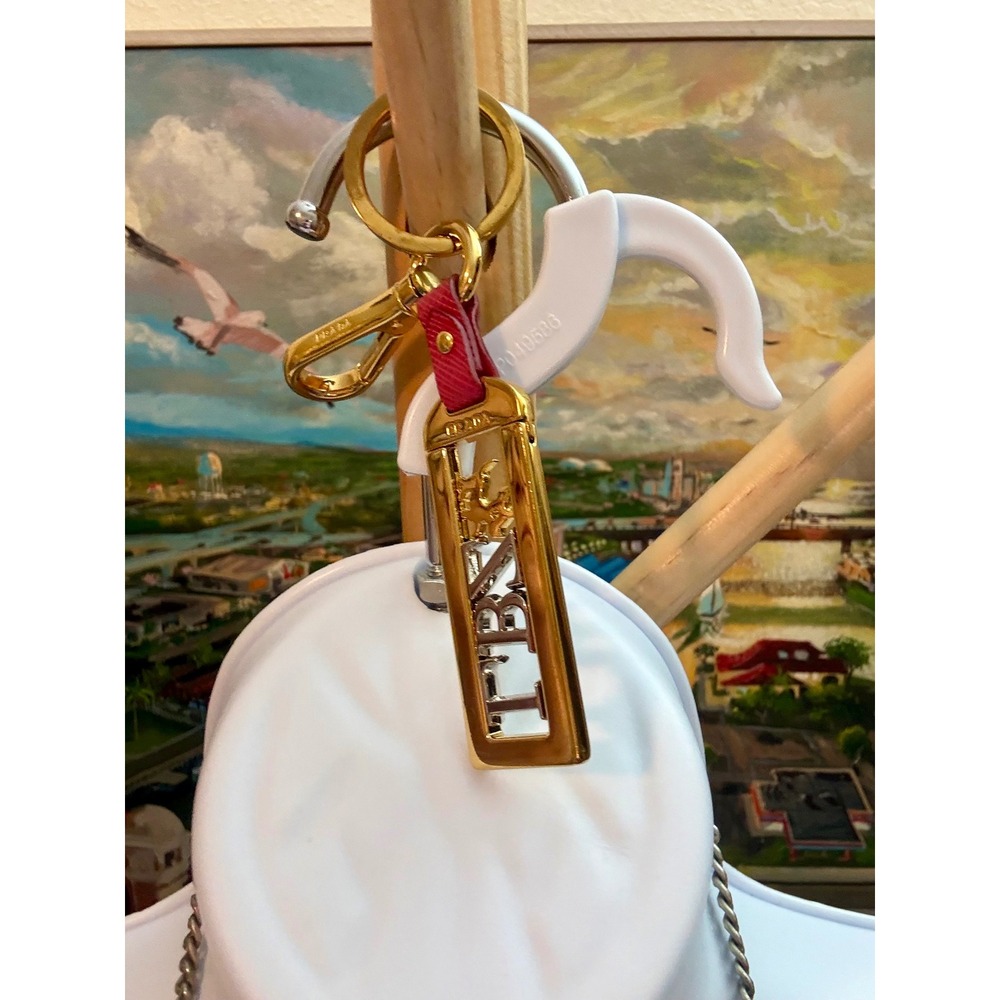 Prada Keychain Women OS Gold Pink Saffiano Leather Logo Bag Charm